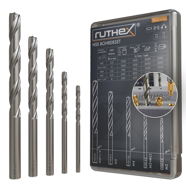 Juego de brocas Ruthex para insertos roscados – M2, M2.5, M3, M4, M5, M6 y 1/4"